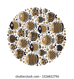 Cute fish card. Around motif with fish.