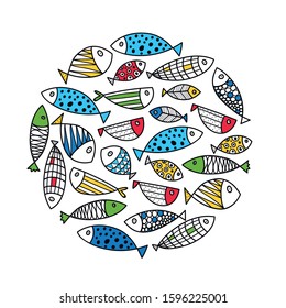 Cute fish card. Around motif with fish.