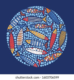 Cute fish card. Around motif with fish.