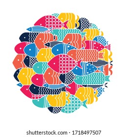 Cute fish card. Around motif with fish.