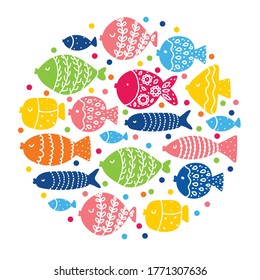 Cute fish card. Around motif with fish.