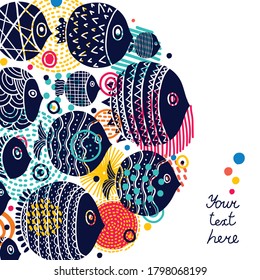 Cute fish card. Around motif with fish.