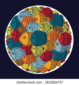 Cute fish card. Around motif with fish.