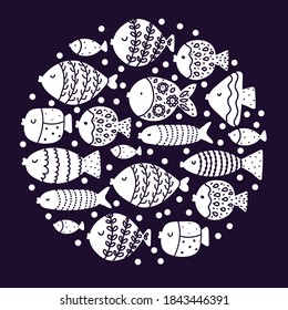 Cute fish card. Around motif with fish.