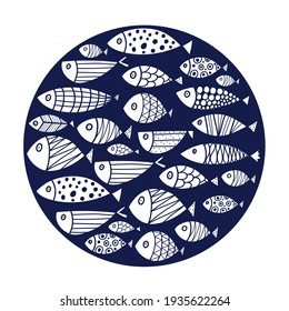 Cute fish card. Around motif with fish.