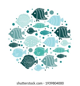 Cute fish card. Around motif with fish.