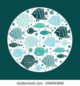 Cute fish card. Around motif with fish.