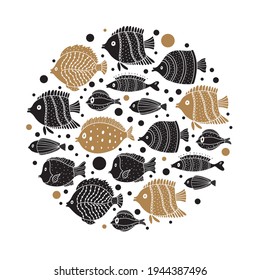 Cute fish card. Around motif with fish.
