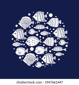 Cute fish card. Around motif with fish.