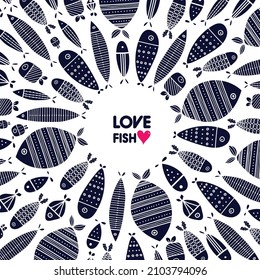 Cute fish card. Around motif with fish.