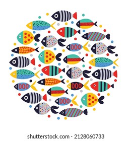 Cute fish card. Around motif with fish.

