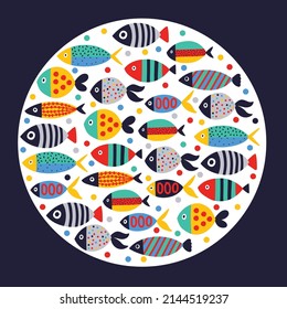 Cute fish card. Around motif with fish.
