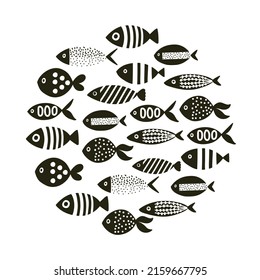 Cute fish card. Around motif with fish. 