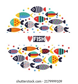 Cute fish card. Around motif with fish.
