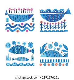 Cute fish card. Around motif with fish. Ocean marine underwater