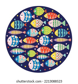 Cute fish card. Around motif with fish. Illustration.