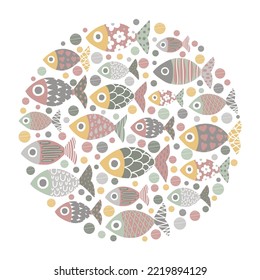 Cute fish card. Around motif with fish.