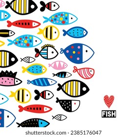 Cute fish card. Around motif with fish.
