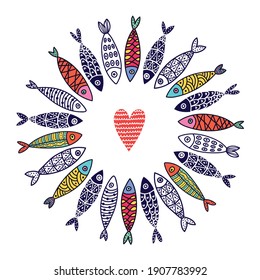 Cute fish card. A round motif with sardines. 