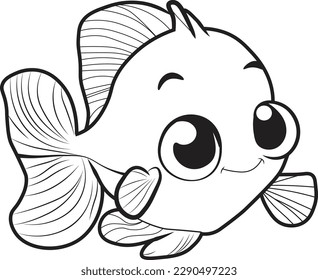 Cute fish cartoon. Black and white lines. Coloring page for kids. Activity Book.