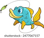 Cute Fish Cartoon Character Catching The Fishing Lure. Vector Hand Drawn Illustration Isolated On Transparent Background