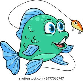 Cute Fish Cartoon Character Catching The Fishing Lure. Vector Hand Drawn Illustration Isolated On Transparent Background