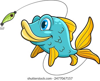 Cute Fish Cartoon Character Catching The Fishing Lure. Vector Hand Drawn Illustration Isolated On Transparent Background