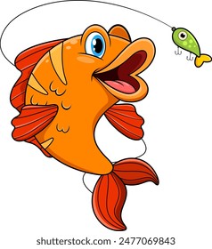 Cute Fish Cartoon Character Catching The Fishing Lure. Vector Hand Drawn Illustration Isolated On Transparent Background