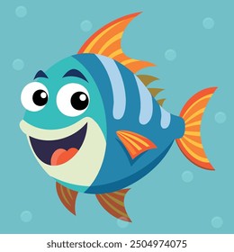 Cute Fish Cartoon Character. Funny fish icon, Marine day. Vector cartoon of aquarium character, funny marine creature.