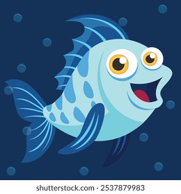 Cute Fish Cartoon Character. Funny fish icon, Marine day. Vector cartoon of aquarium character, funny marine creature.