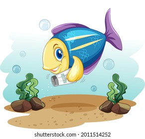 Cute fish cartoon character holding salt bottle illustration