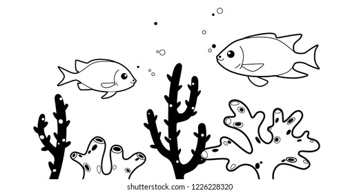 Cute fish cartoon character, vector illustration. Coloring book for kids, underwater banner with fishes and corals.