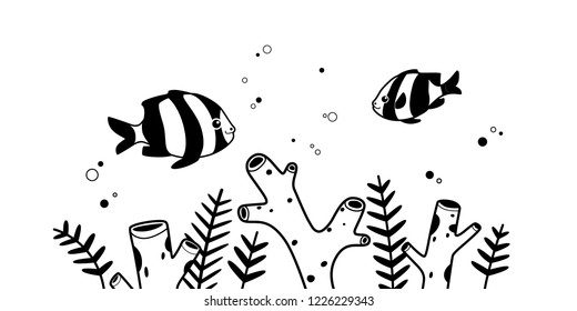 Cute fish cartoon character, vector illustration. Coloring book for kids, underwater banner with fishes and corals.