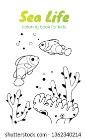 Cute fish cartoon character, vector illustration. Coloring book for children.