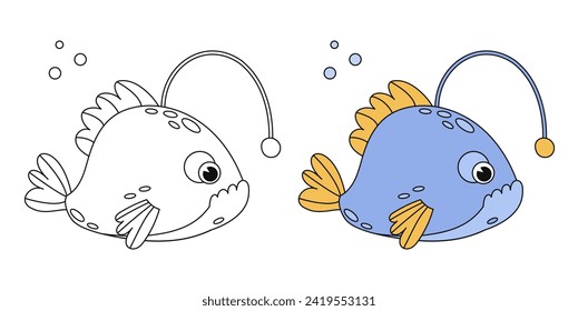 Cute fish cartoon coloring page illustration vector. For kids coloring book. Monochrome and color version. Vector childrens illustration