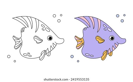 Cute fish cartoon coloring page illustration vector. For kids coloring book. Monochrome and color version. Vector childrens illustration