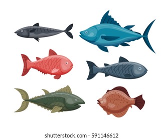 Cute fish cartoon funny swimming graphic animal character and underwater ocean wildlife nature aquatic fin marine water vector illustration.