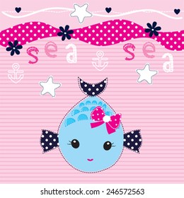 cute fish cartoon on striped background vector illustration