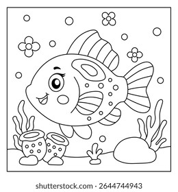 cute fish cartoon in the sea for children's coloring book. marine animal introduction education