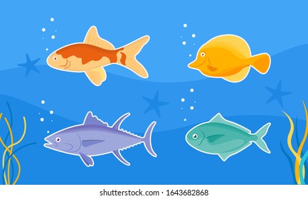 Cute Fish Cartoon In The Sea. Vector Illustration.