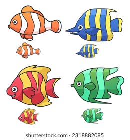 cute fish cartoon set.Vektorgrafik der Unterwasserwelt.weißer Hintergrund