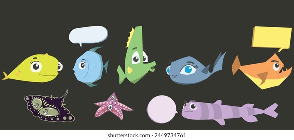  Cute fish cartoon with speech bubble, sassy little arrogant fish group.