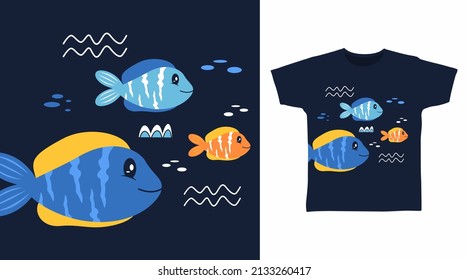 Cute fish cartoon tshirt design concept