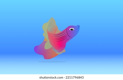 Cute Fish Character Isolated On A Blue Background. Tropical Underwater Creatures. Vector Design In Cartoon Style With Gradient Color. Eps10 Vector