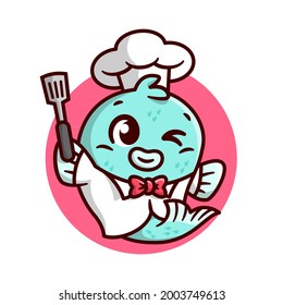 CUTE FISH CHEF IS BRINGING A SPATULA. HIGH QUALITY CARTOON MASCOT.
