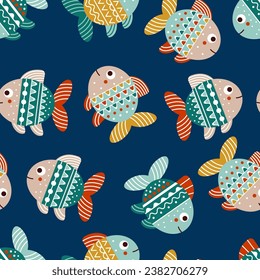 Pescado lindo. Patrón infantil sin costuras con peces de colores. Perfecto para los niños cama, tela, papel pintado, papel envolvente, textil, estampado de camisetas.