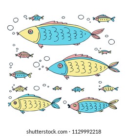 Cute fish collection isolated on white background. Design element for gift wrap, textile print or home decor. Hand drawn style.