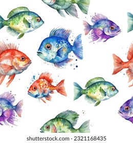 Cute fish. Colored watercolor fishes seamless pattern. Vector illustration