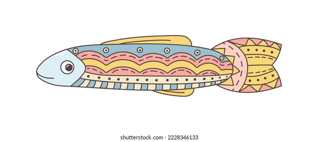 Cute fish in colorful patterns. Doodles. Folklore style. For textiles, children's clothing, wallpaper, packaging, wrapping paper. Simple flat vector illustration isolated on white background