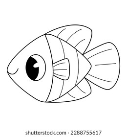 Cute fish coloring book for kids. Coloring page. Monochrome black and white illustration. Vector children's illustration